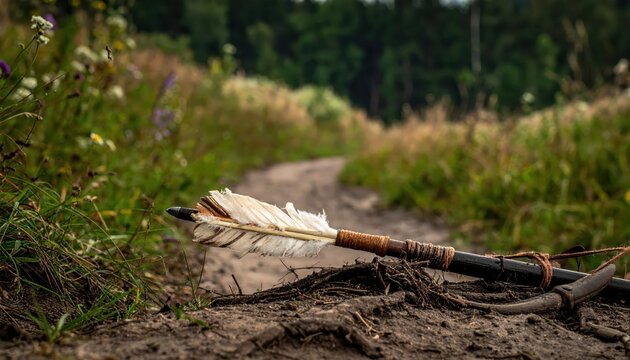 Ancient arrow with feather fletching resting on a dirt path in a forest clearing with wildflowers
