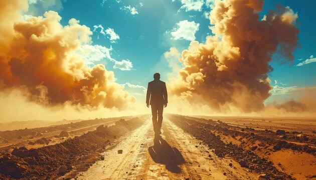 Silhouette of a businessman walking down a long desert road toward a bright horizon with dramatic dust clouds and copy space for text