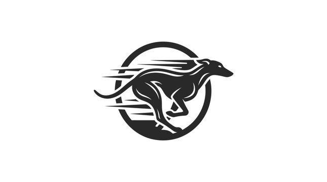 Stylized running greyhound mascot in a circle.