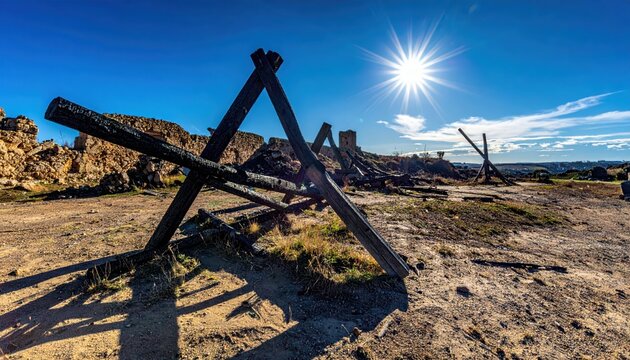 Aftermath of a Wildfire: Charred Wooden Fence and Scorched Landscape Under a Bright Sun