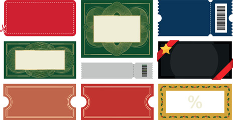 Obraz premium Christmas Ticket and Holiday Coupon Voucher Vector Template Set with Retro Distressed Designs, Star Ribbons, Barcodes, and Festive Holly Percent Labels
