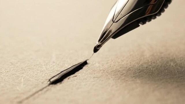 A metallic fountain pen nib creates a dark ink line on textured paper