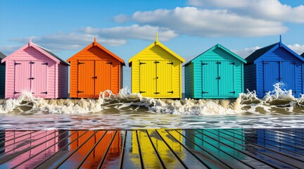 Obraz premium Row of colorful wooden beach huts stand along ocean shore. Vibrant pink orange yellow green blue houses line waterfront. Splashing waves hit base of cottages during sunny day. Reflective wet