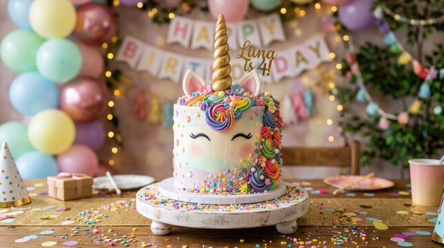 Elaborate colorful custom unicorn birthday cake displayed at creative kids celebration party room setup