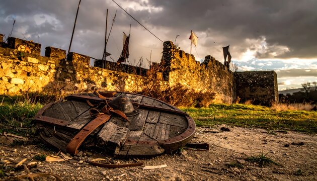 Ancient broken wooden shield lies on the ground in front of medieval stone castle ruins at sunset