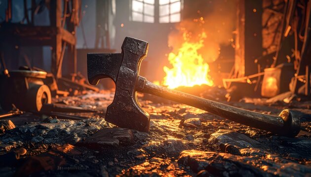 Ancient battle axe rests on the floor of a dimly lit forge, with a roaring fire in the background casting dramatic light and shadows.