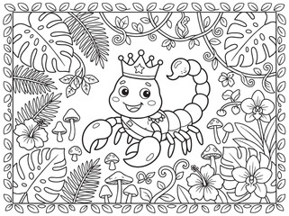 Obraz premium Coloring page for kids featuring a cute scorpion king with crown in a tropical jungle, lineart outline activity for children's creative hobby.