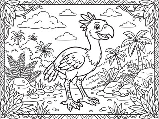 Fototapeta premium Prehistoric Terror Bird Coloring Page for Kids, Detailed Line Art Illustration of a Large Bird in a Tropical Jungle with Palm Trees and Clouds, Activity Outline for Children