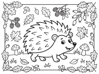 Fototapeta premium Cute Hedgehog in Autumn Forest Coloring Page for Kids, Nature Scene with Leaves Mushrooms and Berries Lineart Outline for Children Activity Illustration