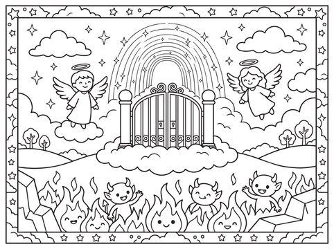 Heaven and Hell Coloring Page for Kids with Cute Angels, Devils, Clouds, and Fire Lineart Outline Activity Illustration