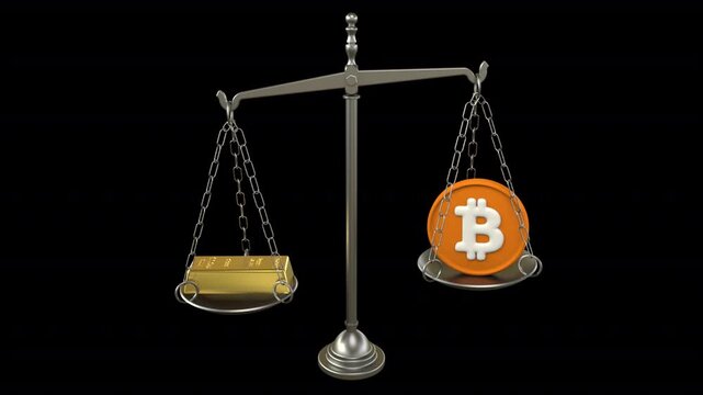 Gold bar vs bitcoin balance scale &ndash; 3d render looped with alpha channel.