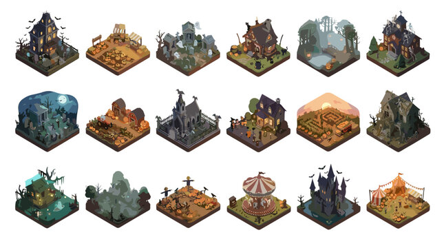 Collection of isometric pixel art scenes depicting various fantasy and medieval environments
