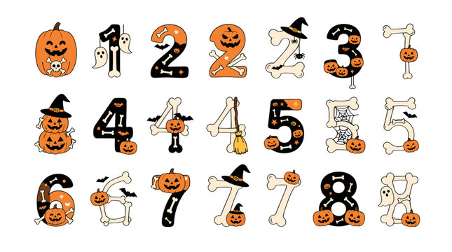 Set of halloween themed numbers from zero to nine with spooky pumpkin and witch hats