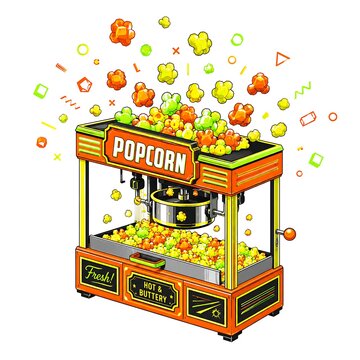 Vibrant Popcorn Machine Dispensing Colorful Kernels with Festive Geometric Shapes Evoking Joyful Cinema and Snack Time Excitement for Entertainment and Concessions. vector illustration flat vector bri