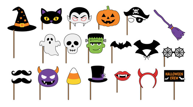 Collection of halloween themed icons including witch hat, cat, ghost, skull, pumpkin, broom, bat, spider, mustache, candy, vampire, monster, lips, devil horn, and more