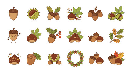 Fototapeta premium Collection of cartoonstyle autumn and fallthemed nuts, berries, leaves, and acorns