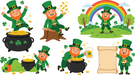 Fototapeta premium Saint Patrick Day Leprechaun Character Illustration Set with Pot of Gold Coins Rainbow Shamrocks and Blank Scroll Template