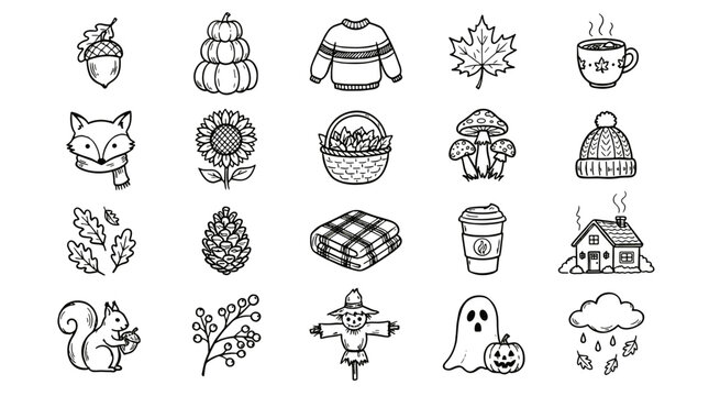 Collection of various autumn and halloween themed icons including pumpkin leaves and ghost illustrations