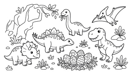 Prehistoric dinosaur landscape with volcano and eggs coloring page © bahriri
