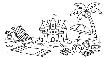 Summer vacation beach scene with lounge chair coloring page © bahriri