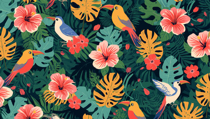 Vibrant tropical pattern featuring colorful toucans and exotic birds amidst lush green monstera leaves, yellow palm fronds, and bright pink hibiscus flowers on a dark background. © Narutoab