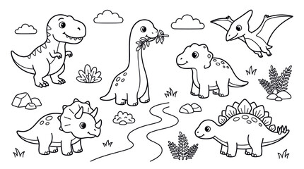 Cute cartoon dinosaurs in prehistoric landscape coloring page. © bahriri