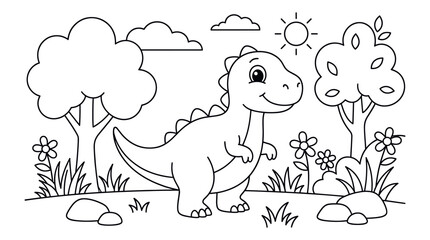 Cute cartoon dinosaur in landscape coloring page © bahriri