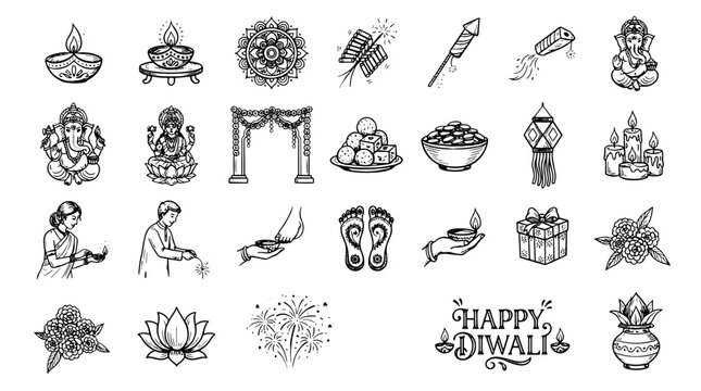 Collection of festive diwali symbols and traditional decorations for celebration and prosperity