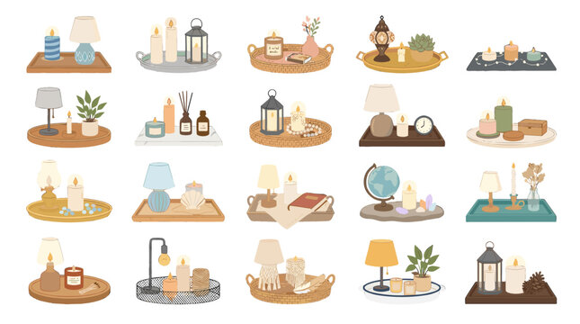 Collection of various home decor items and furniture arranged on shelves and tables