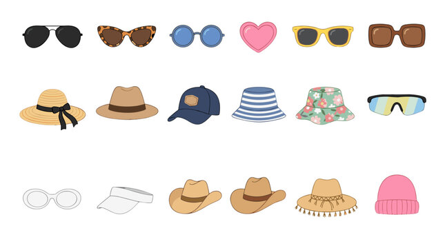 Collection of various stylish hats sunglasses and accessories
