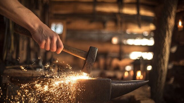 anvil. A glowing piece of metal hammered on an anvil in a smithy. safety posters, maintenance manuals, designed for industrial assembly lines and welding operations, used by engineers.