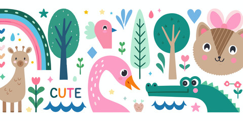 Cartoon animals and rainbow illustration on a white background © Bijoy