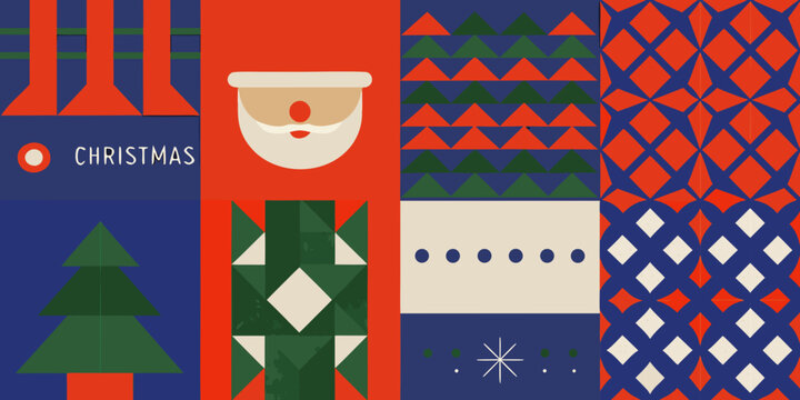 Christmas pattern with stylized fir tree santa claus face and geometric shapes