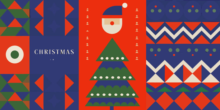 Geometric christmas pattern with triangles trees and festive color blocks