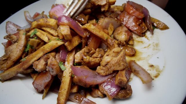 A plate of Peruvian pollo saltado cuisine
