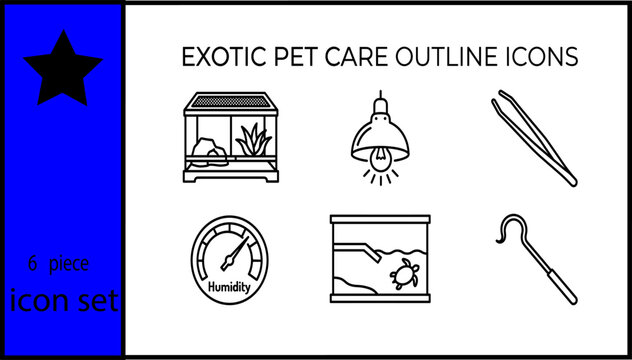 Exotic Pet Care Icon Set 6 Piece - Terrarium, Heat Lamp, Feeding Tongs, Humidity Gauge and Turtle Tank Vector Icons