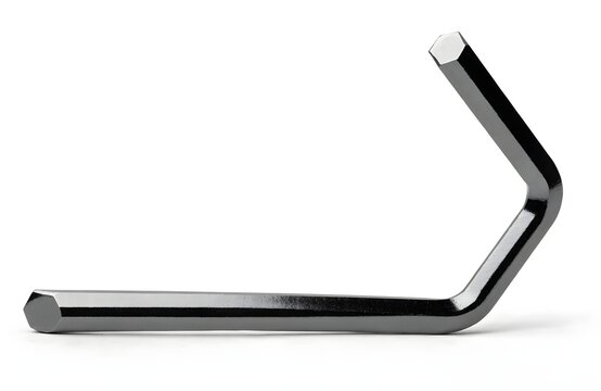 Single L-shaped hex key isolated on white. Metal allen wrench tool for furniture assembly.
