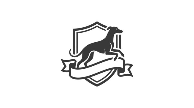 Standing sighthound silhouette within shield and ribbon frame.