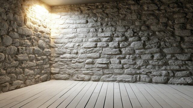 A dimly lit corner room with rough stone walls and a light wood floor
