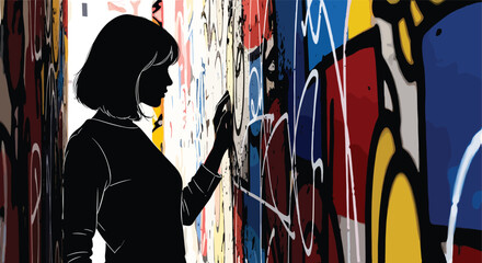 Silhouette of Woman Painting Graffiti on Urban Wall. © rizkain