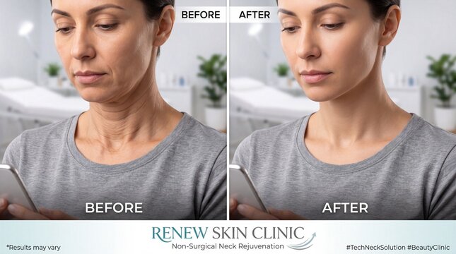 Woman before after neck rejuvenation mature female gray shirt indoor holding phone smoother skin non surgical beauty anti aging tech neck transformation natural light