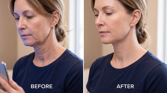Woman middle aged wearing navy shirt before and after comparison of tech neck transformation improved jawline smoother skin indoor natural light neutral background healthy appearance