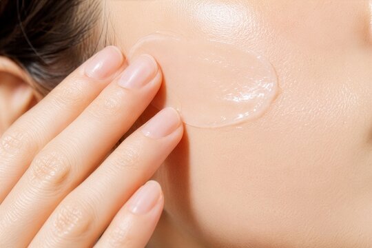 頬にジェル美容液を塗る女性のスキンケア
