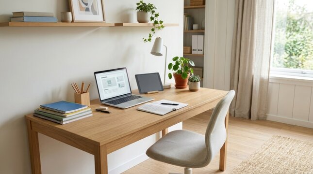 Inspiring back to school study space modern desk setup with laptop and stationery