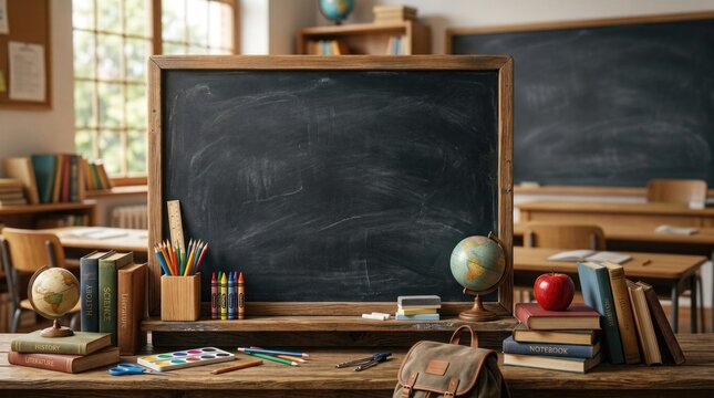 Back to school classroom setup chalkboard books and supplies for learning and education
