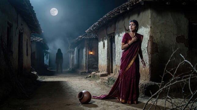 A woman in a red sari standing on a dark village street at night with a broken pot