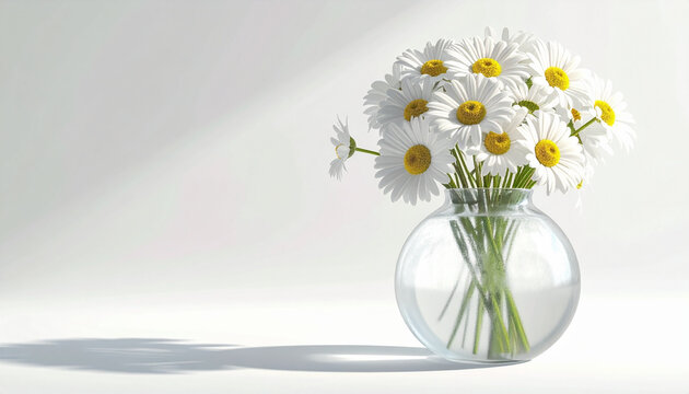 Fresh daisy flower bouquet in clear round glass vase on white background