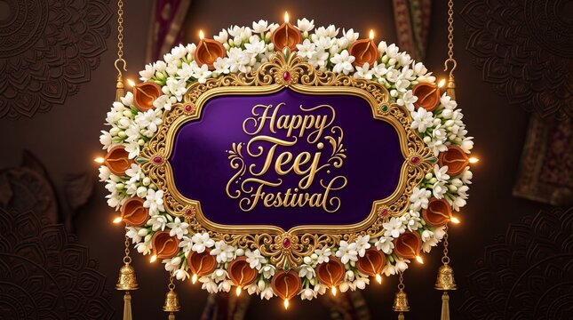Happy Teej festival greeting card with floral border and glowing oil lamps