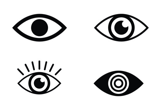 eye icon set representing vision, awareness, perception and visibility concepts in outline, solid and flat modern vector styles