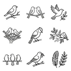 Detailed bird and branch line art icons. © raka